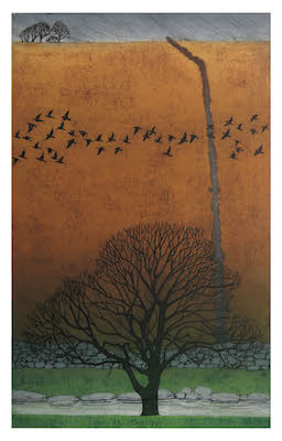 Silhouette of leafless tree with flying birds and a textured vertical crack in an orange-brown background.