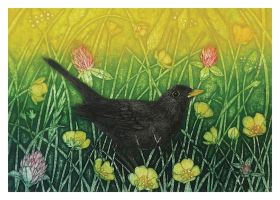 Black bird standing among grass and yellow and pink flowers with a yellow-green background.