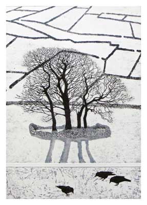 Black silhouettes of trees and birds on a white snowy surface, with shadow patterns and dark lines.