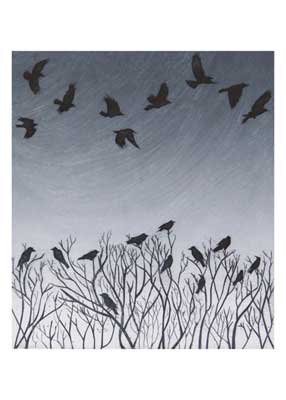 Silhouettes of birds perched on bare branches and flying against a gray textured sky.