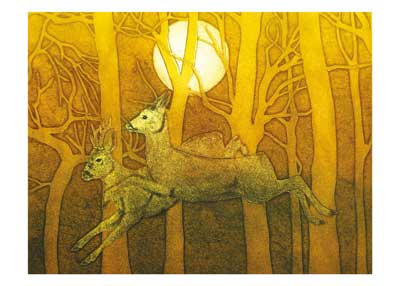 Artistic yellow and brown painting of two deer leaping in a forest with a full moon.