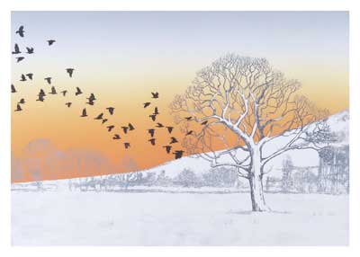 Flock of birds flying over a snowy landscape with a large leafless tree at sunset.