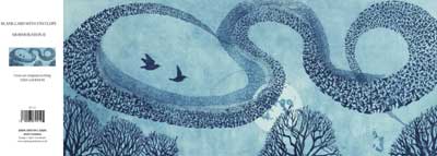 Birds flying near a winding river made of scattered birds above leafless trees in muted blue tones.