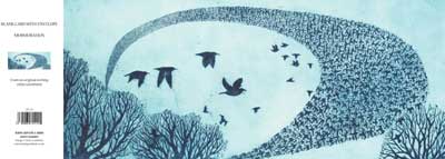Birds flying in a spiral flock above leafless trees against a pale blue sky.