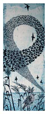 Artwork showing a large flock of birds forming a swirling shape above plants and flying birds.