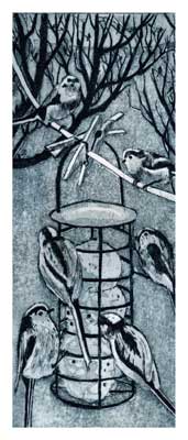 Illustration of seven small birds perched on and around a cylindrical bird feeder with a tree background.