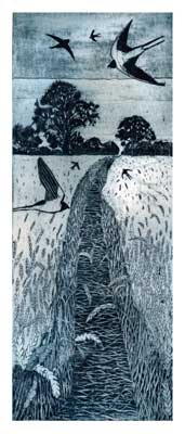 Black and white etching of a narrow river with birds flying above trees and reeds.