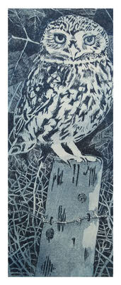 Black and white detailed drawing of an owl perched on a post with barbed wire and spider webs.