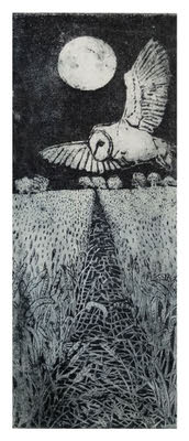 Black and white artwork of an owl flying over a field with a full moon in the night sky.