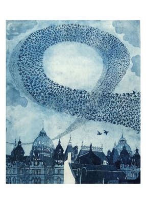 Blue-toned illustration of a city skyline with a swirling flock of birds forming a large spiral in the sky.