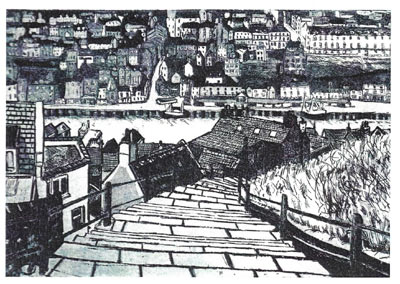 Black and white sketch of stairs descending toward water with buildings and boats in the background.