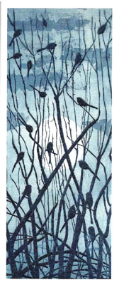 Silhouettes of birds perched on thin branches against a large, pale full moon in a blue sky.