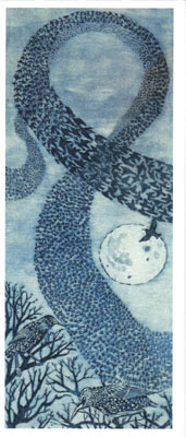 Illustration of birds forming an infinity loop in the sky above trees and a deer near the moon.