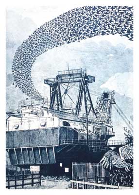 Large industrial crane-like structure with a swirling flock of birds in the sky above.