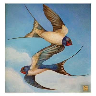 Painting of two swallows in mid-flight against a blue sky with clouds.