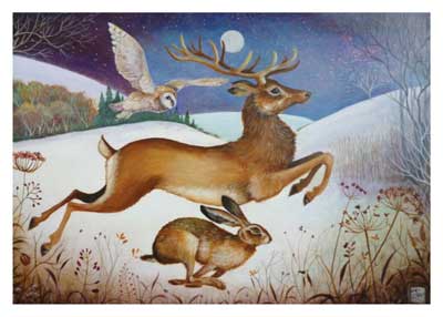 A deer leaps over a hare in snowy field with an owl flying nearby under moonlit sky.