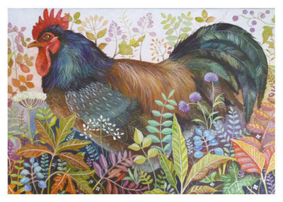 Colorful rooster standing amidst detailed, vibrant plants and flowers with various shapes and colors.