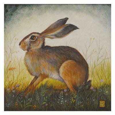 Painting of a brown hare sitting in a field of grass and wildflowers with large ears upright.