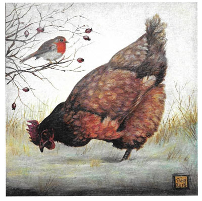 Brown hen pecking ground with a robin perched on nearby bare branches with red berries.