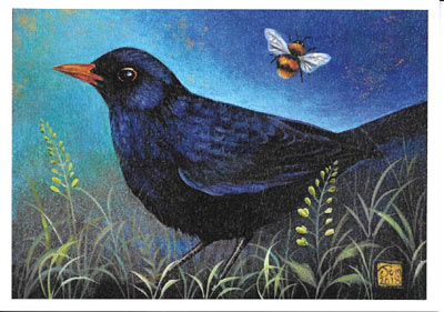 Painting of a blackbird with a red beak standing in grass with a bee flying nearby against a blue background.