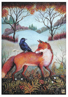 Painting of a red fox with a black bird perched on its back in a forest clearing with trees and hills.
