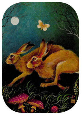 Two brown rabbits near pink mushrooms under a moonlit sky with a butterfly flying above.
