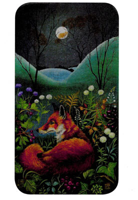 Illustration of a red fox curled up among colorful flowers with hills and a full moon in the background.