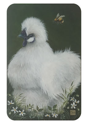 Fluffy white Silkie chicken standing among flowers with a bee flying nearby against a dark green background.