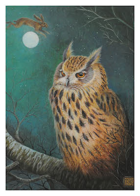 Painted owl perched on a branch at night with a full moon and a rabbit jumping in the background.