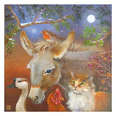 Painting of a donkey, cat, duck, and chicken under trees with a bird on donkey's head at moonlight.
