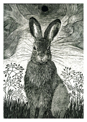 Black and white detailed drawing of a hare sitting among plants with swirling sky and dark moon.
