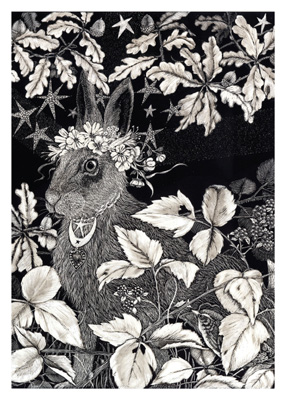Black and white illustration of a rabbit with a flower crown among leafy branches and stars.