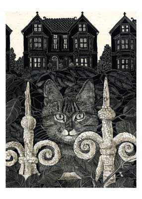 Black and white illustration of a cat peering through ornate iron fence with houses in the background.