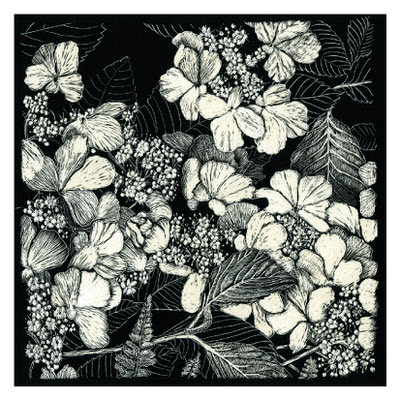 Black and white illustration of various flowers and leaves densely arranged in a square pattern.