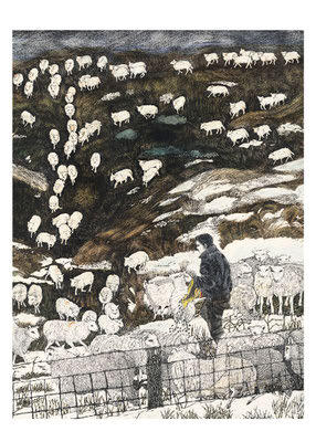 Illustration of a shepherd standing among sheep in a fenced area with many sheep on a hill above.