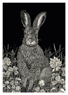 Detailed black and white illustration of a hare sitting among flowers and grass on a black background.