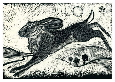 Black and white artistic print of a hare leaping over hills with a sun and star in the sky.