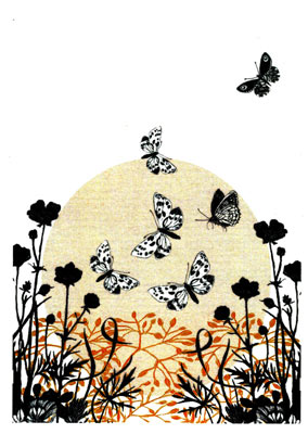 Black and white butterflies fly above silhouetted wildflowers and plants against an orange circle background.