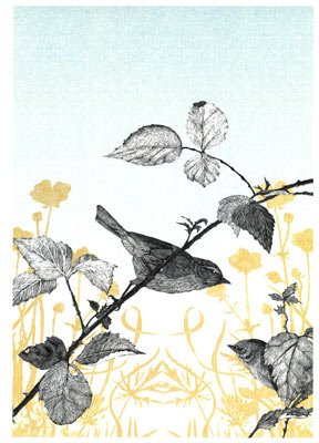 Black bird perched on a branch with black leaves and yellow floral background in a pastel sky.