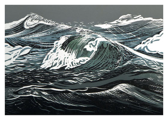 Graphic illustration of stylized ocean waves with detailed lines and shades of blue and white.