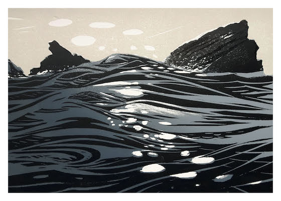 Stylized wave patterns with white highlights and dark rocky formations in the background.