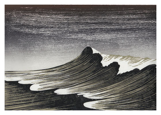 Black and white stylized image of ocean waves under a textured sky.