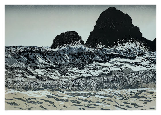 Black and white stylized ocean scene with large waves and two prominent rock formations in the background.
