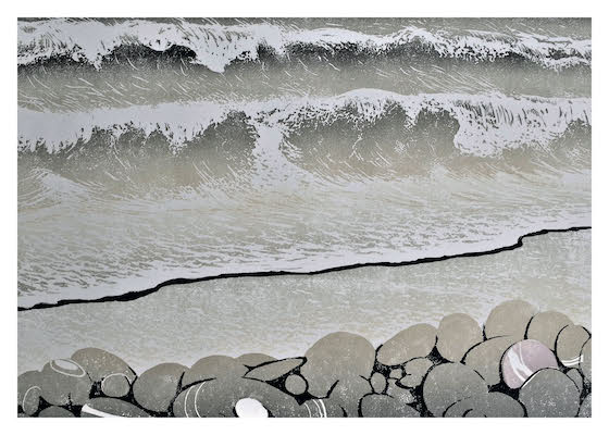Artistic print of ocean waves crashing onto a rocky shore with a dark sea line separating water and rocks.