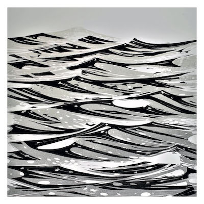 Abstract black, white, and gray patterns resembling waves or flowing water.