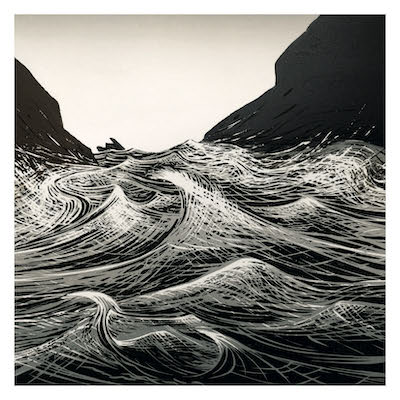 Black and white artwork depicting turbulent ocean waves between two dark cliffs.
