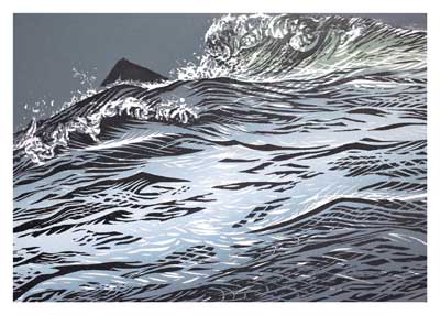 Stylized painting of ocean waves with shades of gray, black, and white creating dynamic water motion.