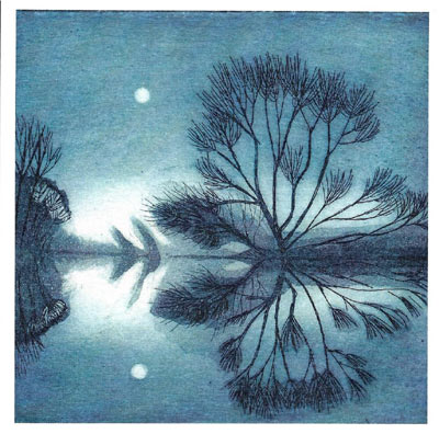 Reflection of leafless trees on water under a bluish sky with two bright circular lights.