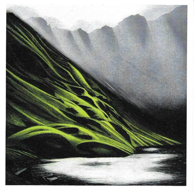 Artwork of green-lit hills with textured patterns by a reflective water body under misty mountain peaks.