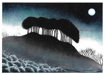 Silhouette of trees on a hill under a glowing full moon in a dark blue night sky.